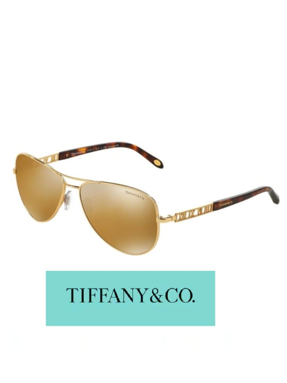 Tiffany & Co. 18K GOLD PLATED Atlas Aviator Pilot Sunglasses Mirror Roman Numer
